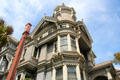 Queen Anne corner tower of Haas-Lilienthal House with stick & East Lake style details. San Francisco, CA