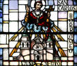 Stained glass detail of San Carlos Borromeo de Carmelo Mission. CA
