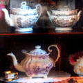 Collection of printed teapots & serving dish at Calaveras County Downtown Museum. San Andreas, CA.