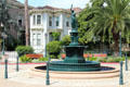 Streetscape & square with Latham-Ducell fountain at Preservation Park. Oakland, CA