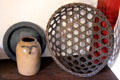 Stoneware jar, pewter plate, & basket at Hyland House. Guilford, CT.