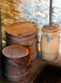 Pine Firkins & stoneware butter churn at Henry Whitfield State Museum. Guilford, CT.