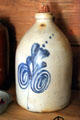 Connecticut stoneware jug with blue peacock feather pattern at Stanley-Whitman House. Farmington, CT.