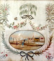 Embroidered picture of village with children playing at Oliver Ellsworth Homestead Museum. Windsor, CT.