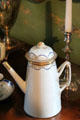 Coffee pot with intertwined handles & Masonic symbol at Joseph Webb House. Wethersfield, CT.