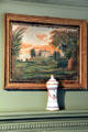 Mantle of fireplace with painting of Mt. Vernon & covered ceramic jar at Isaac Stevens House. Wethersfield, CT.