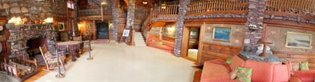 Panorama of living room at Gillette Castle State Park. East Haddam, CT.