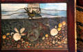 Stained glass with fish & ship at Gillette Castle State Park. East Haddam, CT.