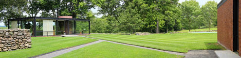 Panorama showing relation of Philip Johnson Glass & Brick Houses with paths between. New Canaan, CT.