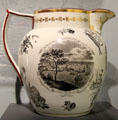 Stonington pitcher by Herculaneum Pottery Co., Liverpool, England depicts attack of British fleet against town of Stonington, CT on Aug. 9, 1814 at Mattatuck Museum. Waterbury, CT.