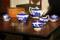 Bone china tea set with dark blue transfer print possibly from Staffordshire, England in Maryland period parlor at DAR Memorial Continental Hall. Washington, DC.