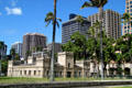 'lolani Barracks against downtown Honolulu skyline. Honolulu, HI.
