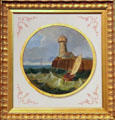 Painted tile scene of lighthouse from Abraham Lincoln's rail car at Union Pacific Railroad Museum. Council Bluffs, IA