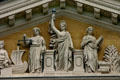 Details of stone sculptures in pediment of Iowa State Capitol. Des Moines, IA.