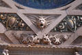 Terra cotta lion below rose window of Merchants' National Bank. Grinnell, IA.