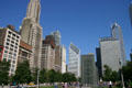 Buildings of Michigan Avenue over Crown Fountain of Millennium Park. Chicago, IL.