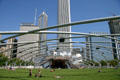Jay Pritzker Pavilion in Millennium Park consists of open air concert venue with 4,000 seats & the trellis which supports a sound system over the Great Lawn which accommodates an additional 7,000 listeners. Chicago, IL.