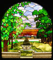 Stained glass window of Garden with Fountain from Chicago house at Stained Glass Museum. Chicago, IL.