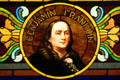 Details of stained glass window of Printers History showing Benjamin Franklin at Stained Glass Museum. Chicago, IL.