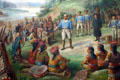 Fuchs' painting of Treaty with Indians section of natives seated around French at Illinois State Capitol. Springfield, IL.