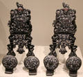 Pair of cast iron andirons from England with coat of arms for House of Stuart at Art Institute of Chicago. Chicago, IL.