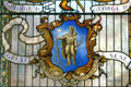 Stained glass of current seal with Indian of the state of Massachusetts in State House. Boston, MA.