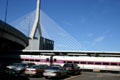 Zakim Bunker Hill Bridge inverted Y tower & commuter train. Boston, MA.