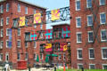 Boott Cotton Mills banners in courtyard. Lowell, MA.