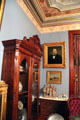 Parlor details with paintings & display case at Fall River Historical Society Museum. Fall River, MA.