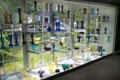 Display of colored vases & lighting fixtures at Sandwich Glass Museum. Sandwich, MA.