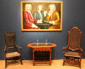 Daniel, Peter & Andrew Oliver portrait by John Smibert over table & great chairs at Museum of Fine Arts. Boston, MA.