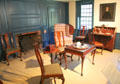 Mid 18th C room with tea serving items, table, chairs & desk at Concord Museum. Concord, MA.
