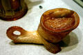 Chocolate glass mustard pot in shape of fish in Maine State Museum, Augusta, ME