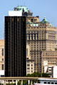 One of block Renaissance towers & Book-Cadillac Detroit hotel beyond. Detroit, MI.