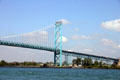 Suspension tower of Ambassador Bridge over Detroit River from Windsor to Detroit. MI.