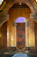 Front door carvings of Hopperstad Stave Church replica at Heritage Hjemkomst Interpretive Center. Moorhead, MN.