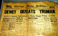 Dewey Defeats Truman headline on original Chicago Daily Tribune Nov. 3, 1948 newspaper at Truman Museum. Independence, MO