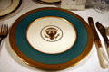 Williamsburg Green White House presidential plate with eagle turn to olive branch of peace by Lenox china of Trenton, NJ at Truman Museum. Independence, MO.