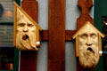 Carved faces bird houses at Grand Village shopping center. Branson, MO.