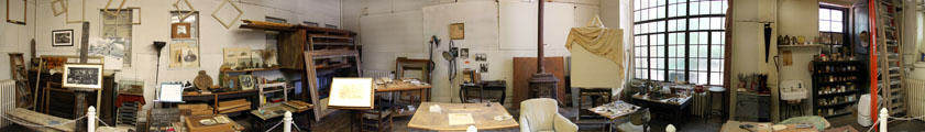 Panorama of Thomas Hart Benton's Studio as it was at the time of his death at his State Historic Site. Kansas City, MO.