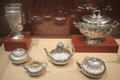 Silver vase by Gorham, tea service by William Durgin, soup tureen by Whiting, & tea kettle on stand by Gebelein at Currier Museum of Art. Manchester, NH.