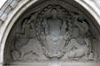 Relief of Christ plus symbols of Evangelists Mathew, Mark, Luke & John over portal of University Chapel. Princeton, NJ.
