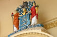 Carving of state seal in House chamber of New Jersey Capitol. Trenton, NJ.