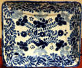 Majolica rectangular blue-on-white tray probably made locally in New Mexico at New Mexico History Museum. Santa Fe, NM.