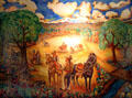 Plaza of Santa Fe in1800s fresco painting by Frederico M. Vigil in NM State Capitol Art Collection. Santa Fe, NM.