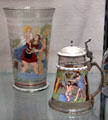 Bohemian or German glass beaker with St Christopher & covered tankard with Baptism of Christ at Corning Museum of Glass. Corning, NY.