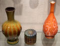 Bohemian glass Lithyalin vase & covered box by Friedrich Egermann of Haida & Bohemian Octopus vase by Johann Loetz Witwe glassworks at Corning Museum of Glass. Corning, NY.