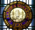 Elmira College seal in stained glass in Hamilton Hall. Elmira, NY.
