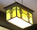 Lobby Arts & Crafts stained glass ceiling lamp at Roycroft Inn. East Aurora, NY.