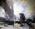 Morning on the River with Brooklyn Bridge painting by Jonas Lie at Memorial Art Gallery. Rochester, NY.